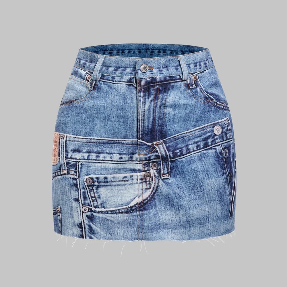 Blue Denim Print Mini Skirt